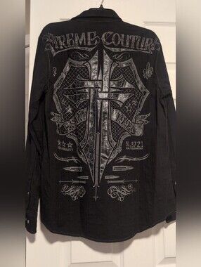 Xtreme Couture Black Gothic Winged Cross Long Sleeve Button Down